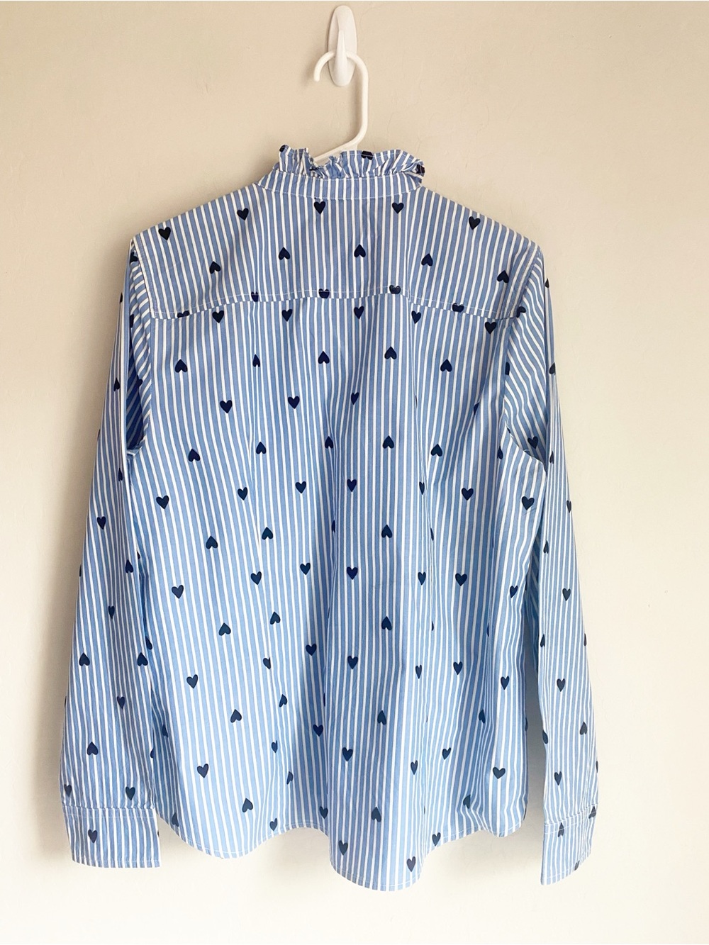 J. Crew Ruffle-Neck Long Sleeve Button Down Top with Stripes & Hearts Size L - Picture 2 of 9